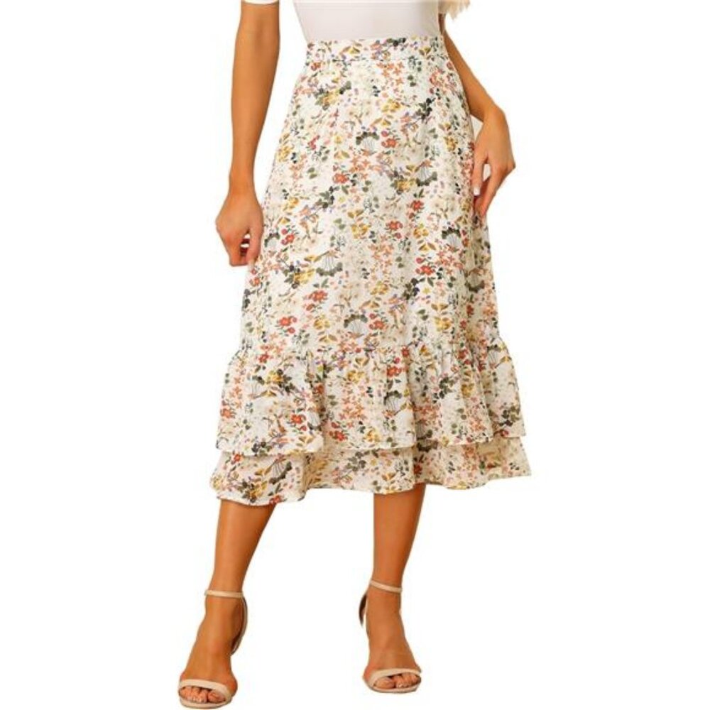 Women's Printed Skirt 2025 Weekend Trendy Chiffon Ruffle Tiered Midi Skirt
